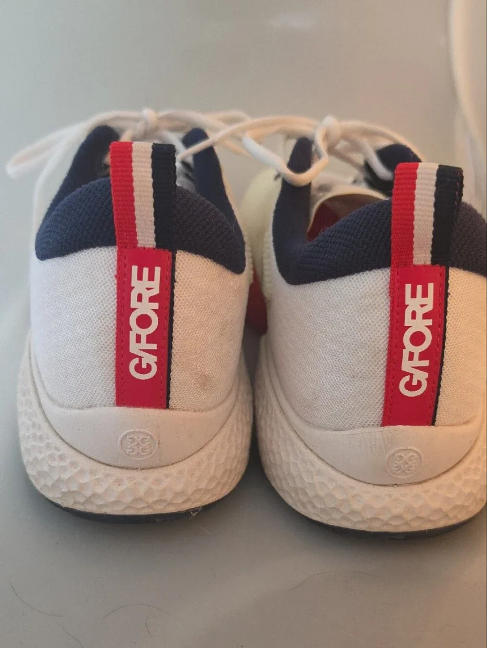 G/FORE  Pickleball Racquet White Sneakers with Navy and Red Accents